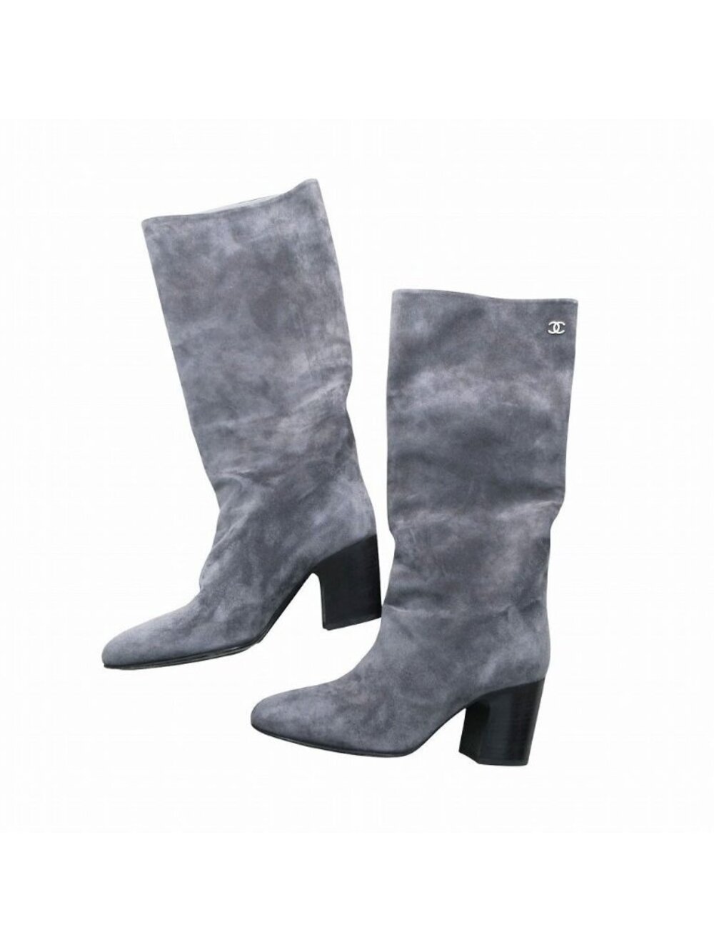 Chanel CC Logo Suede Leather Long Boots Shoes Gray 36.5